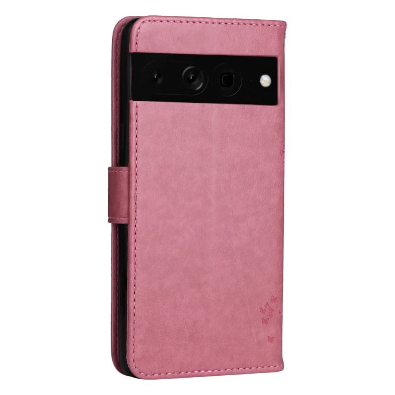 Capa Folio Para Google Pixel 7 Pro De Cordão Árvore E Gato Strappy