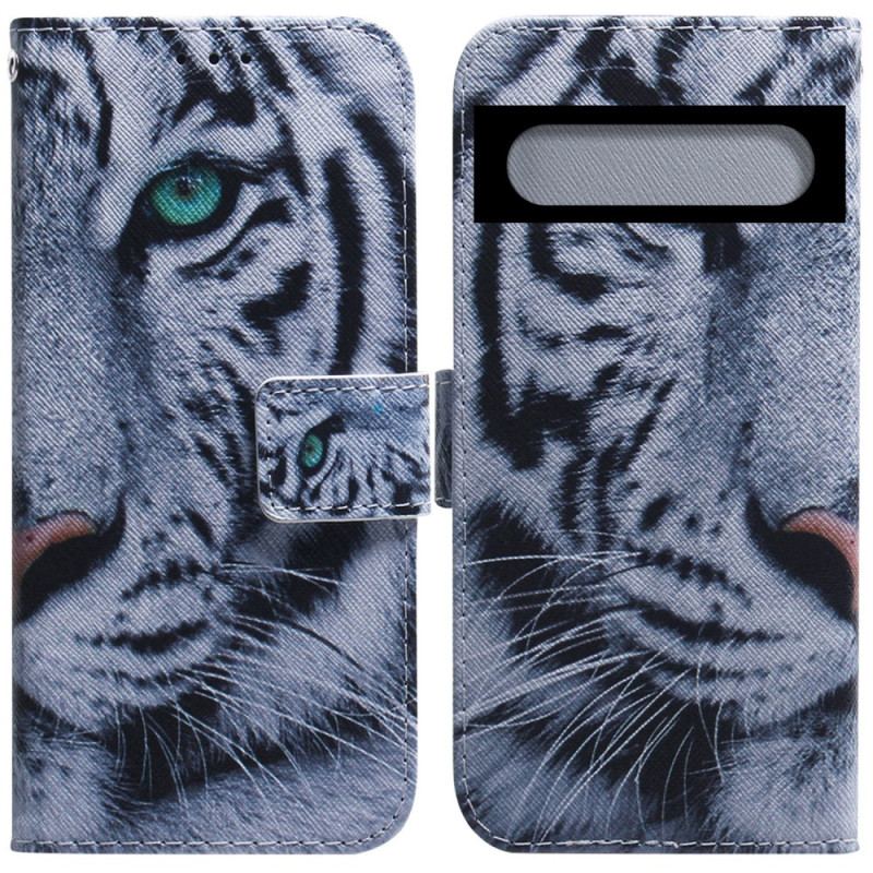 Capa Folio Para Google Pixel 7 Pro Tigre Branco