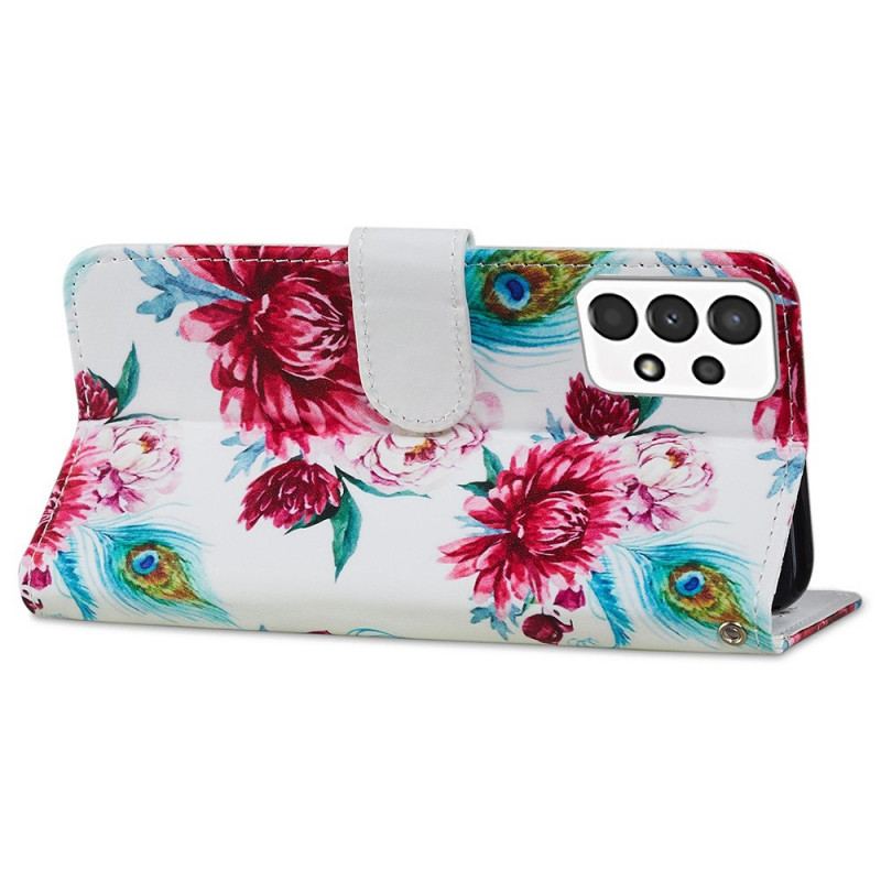 Capa Em Pele Para Samsung Galaxy A13 Flores Intensas