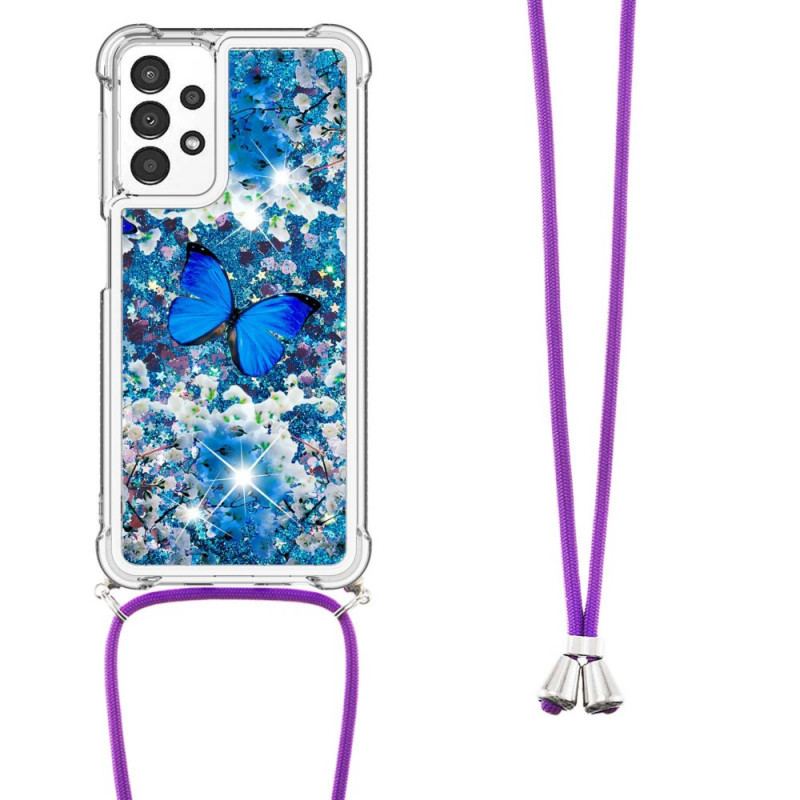 Capa Para Samsung Galaxy A13 De celular Borboletas De Lantejoulas Com Cordão