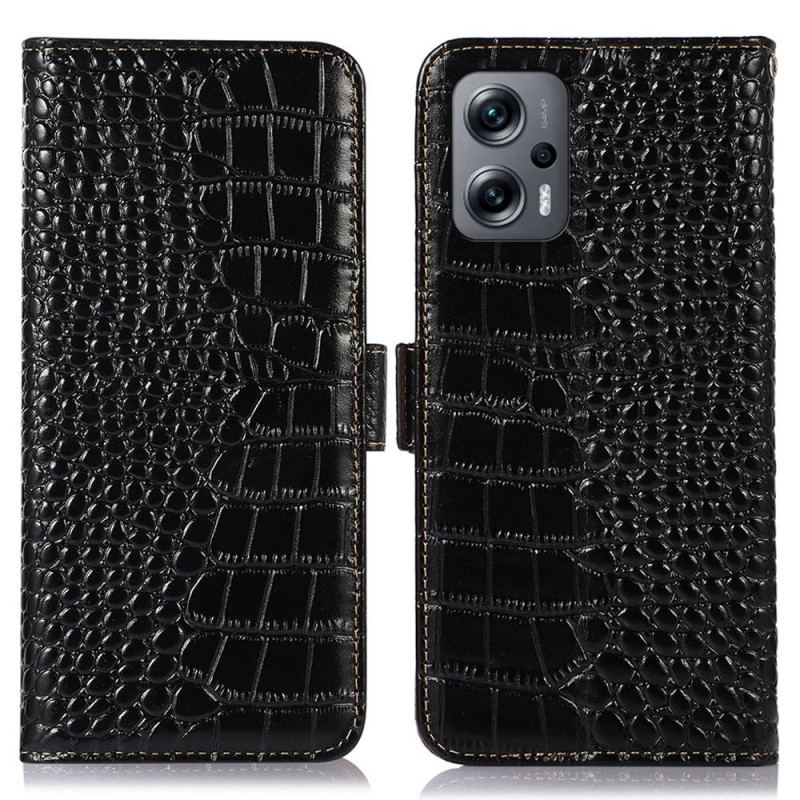 Capa Flip Para Poco X4 GT Couro Genuíno Estilo Crocodilo Rfid