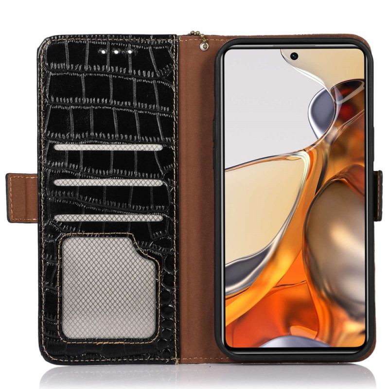 Capa Flip Para Poco X4 GT Couro Genuíno Estilo Crocodilo Rfid