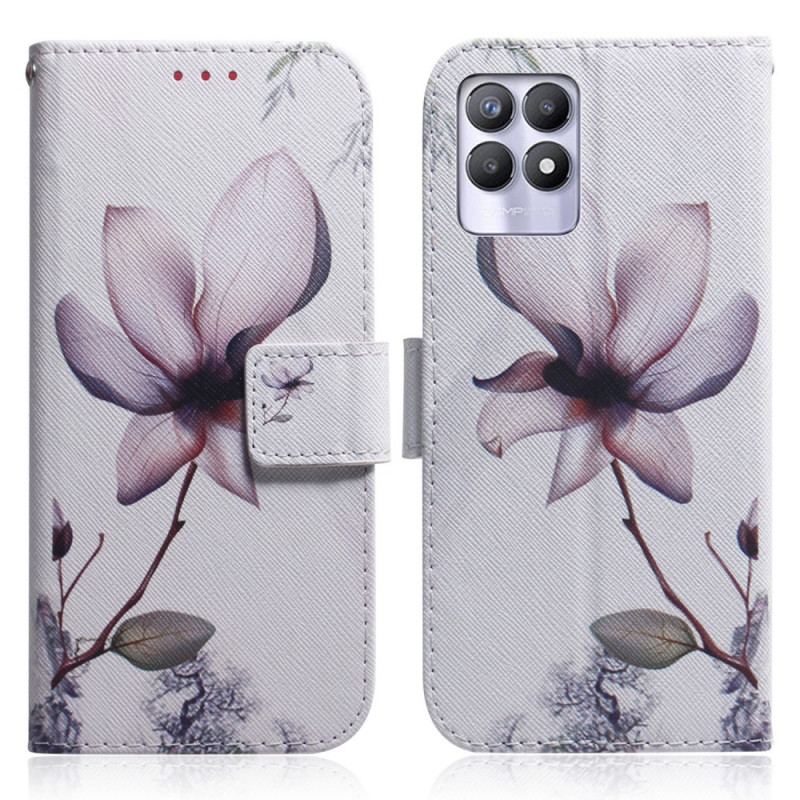 Capa De Couro Para Realme 8i Flor Rosa Empoeirado