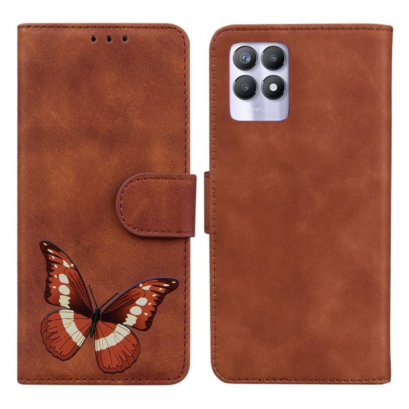 Capa Em Pele Para Realme 8i Borboleta Com Toque De Pele