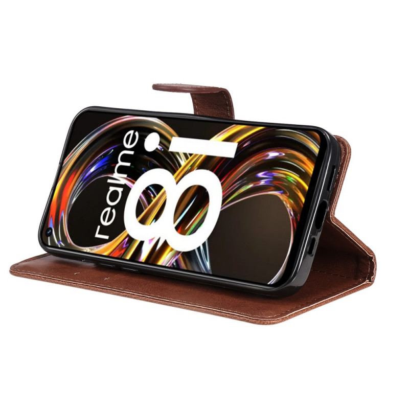 Capa Flip Para Realme 8i De Cordão Efeito De Couro Com Tiras