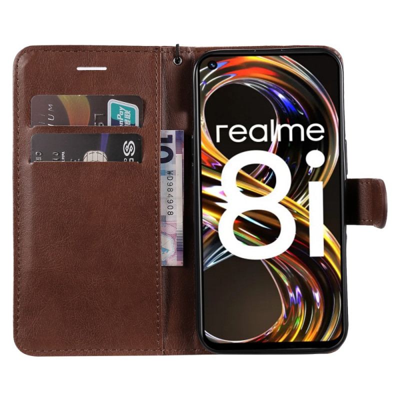 Capa Flip Para Realme 8i De Cordão Efeito De Couro Com Tiras