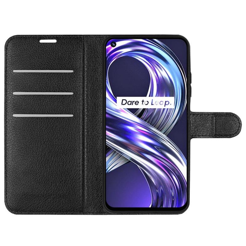 Capa Flip Para Realme 8i Couro Sintético De Lichia Clássico