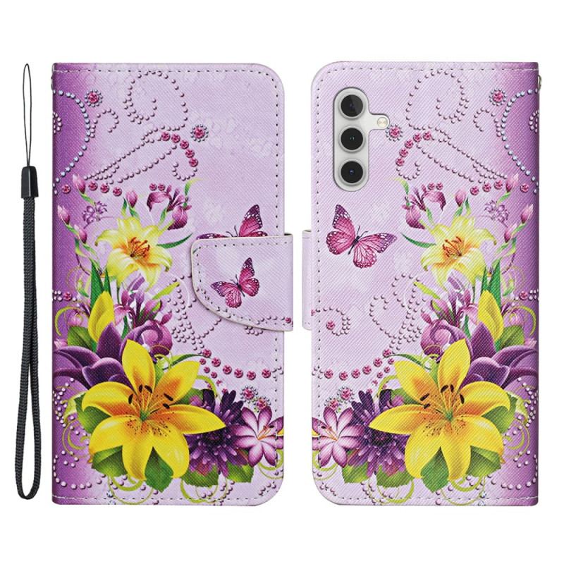 Capa Flip Para Samsung Galaxy A34 5G De Cordão Borboletas De Alça Magistral