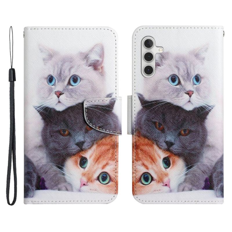 Capa Flip Para Samsung Galaxy A34 5G De Cordão Família De Gatos Strappy