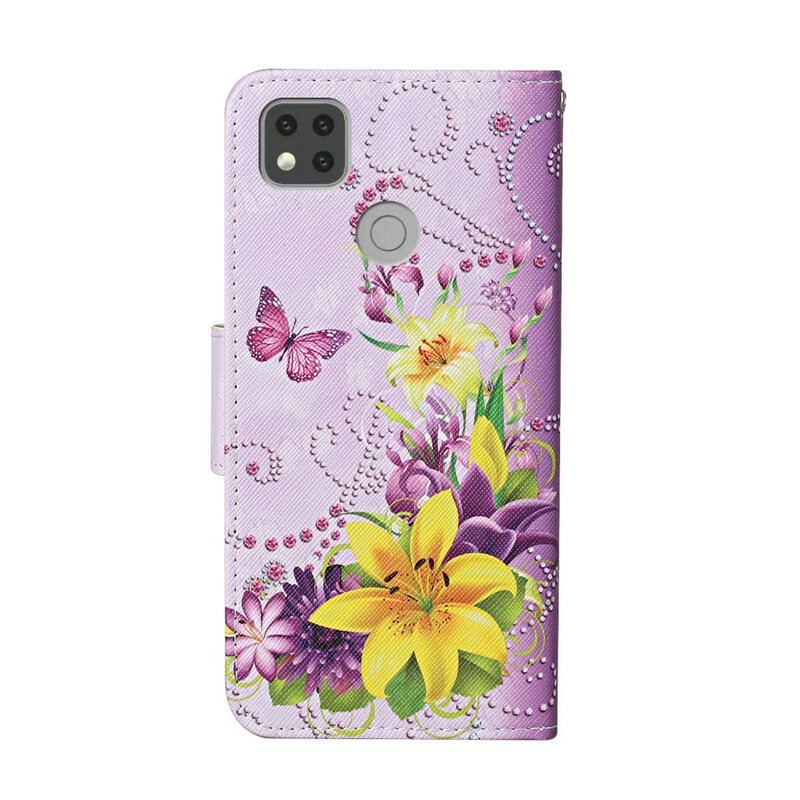 Capa De Couro Para Xiaomi Redmi 9C De Cordão Tanga Borboletas E Flores Do Sul