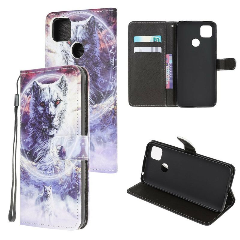 Capa Em Pele Para Xiaomi Redmi 9C Lobo No Inverno Com Cordão