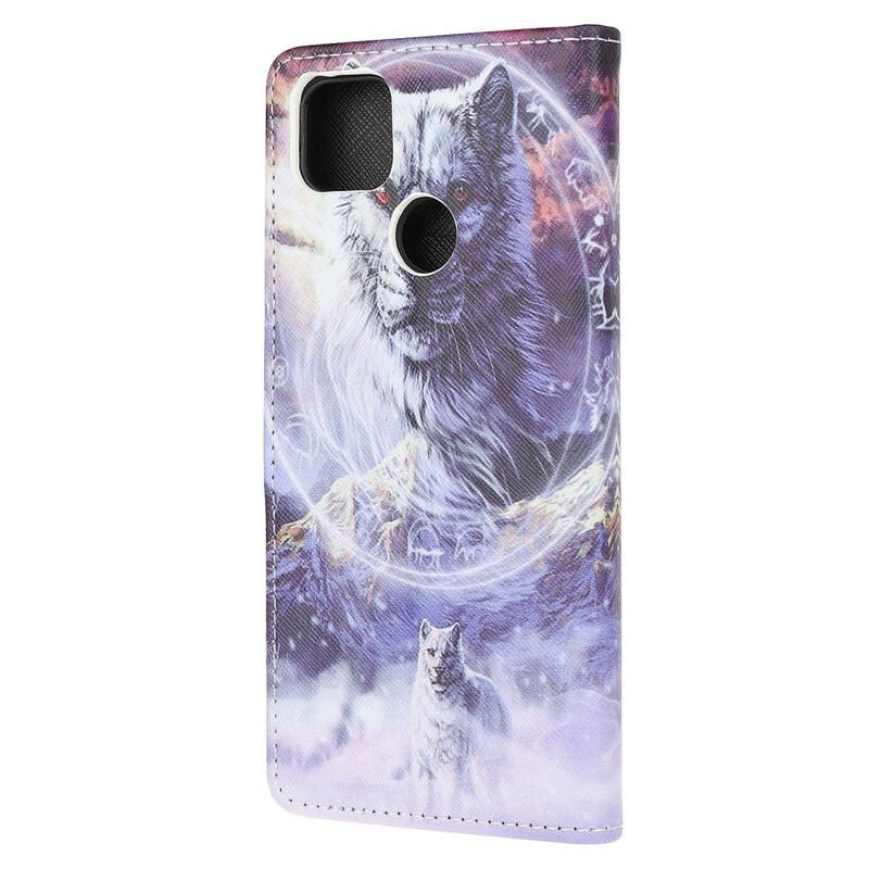 Capa Em Pele Para Xiaomi Redmi 9C Lobo No Inverno Com Cordão