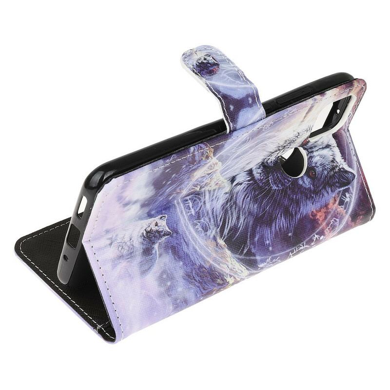 Capa Em Pele Para Xiaomi Redmi 9C Lobo No Inverno Com Cordão