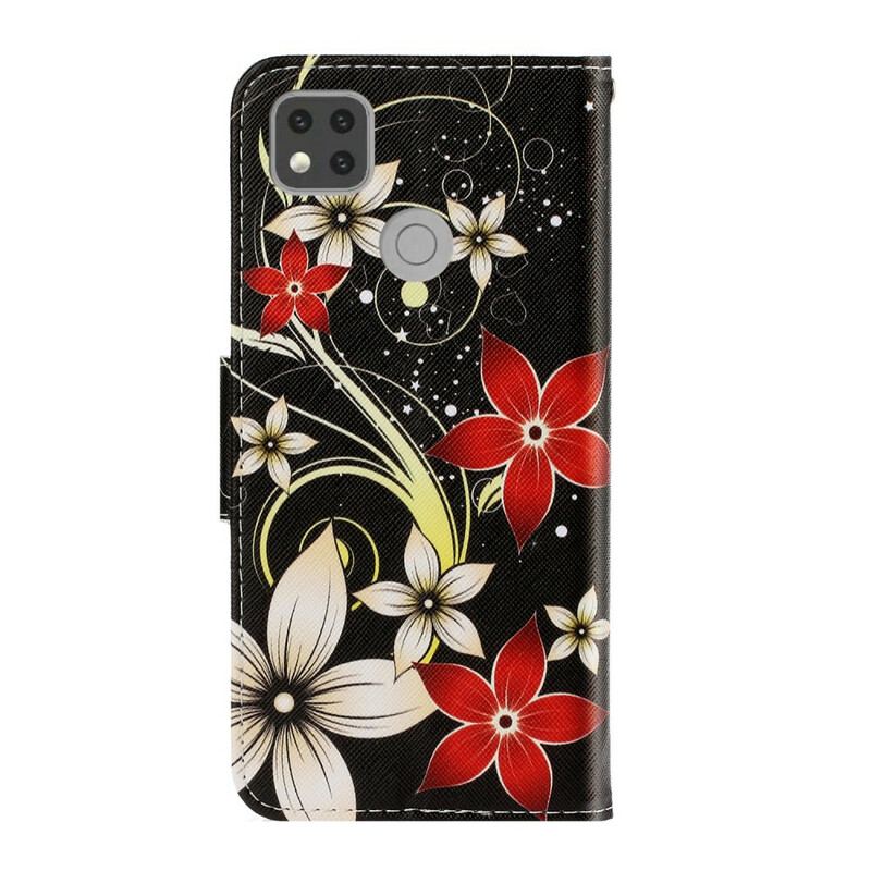 Capa Flip Para Xiaomi Redmi 9C De Cordão Flores Coloridas Com Tiras