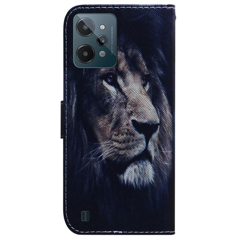 Capa De Couro Para Realme C31 Cabeça De Leão