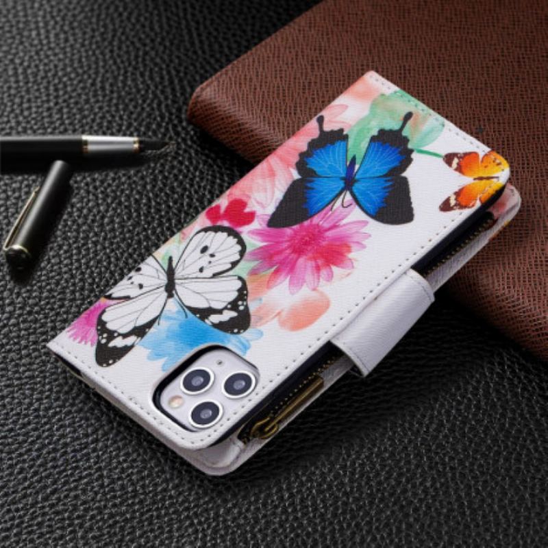 Capa Flip Para iPhone 11 Pro Max Bolso Com Zíper De Borboletas