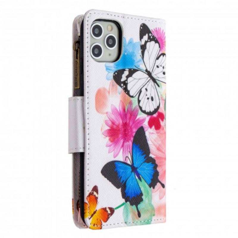 Capa Flip Para iPhone 11 Pro Max Bolso Com Zíper De Borboletas
