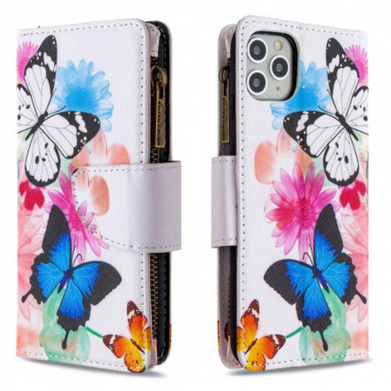 Capa Flip Para iPhone 11 Pro Max Bolso Com Zíper De Borboletas