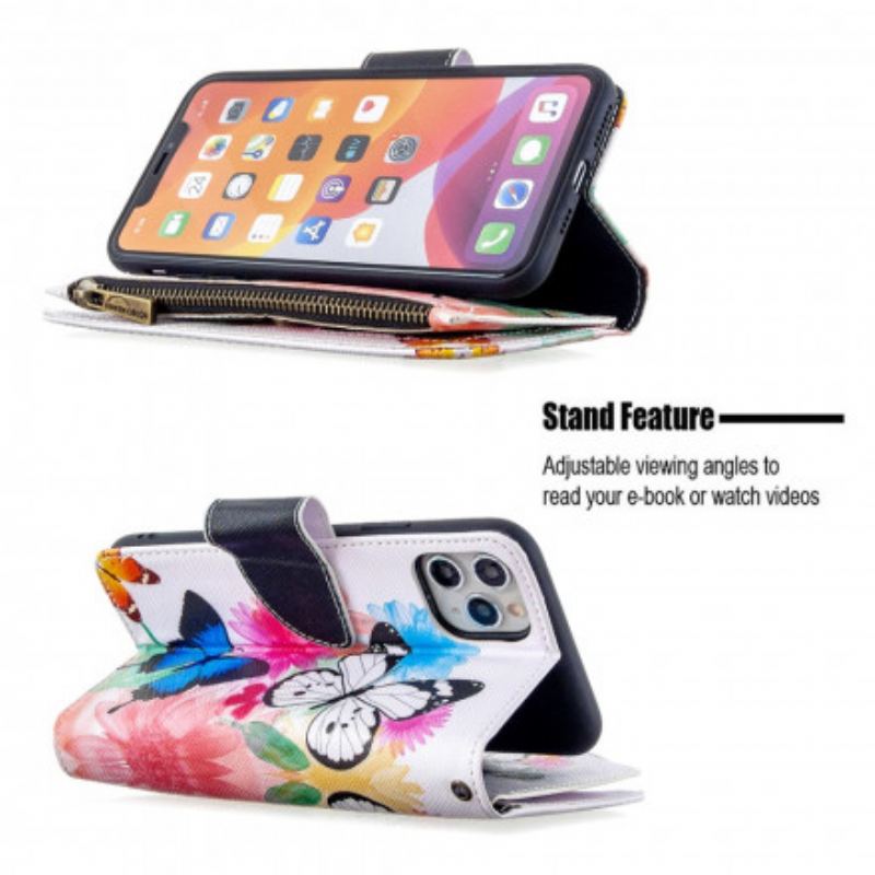 Capa Flip Para iPhone 11 Pro Max Bolso Com Zíper De Borboletas
