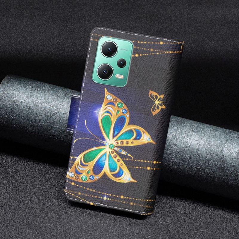 Capa Folio Para Xiaomi Redmi Note 12 5G Porta-moedas De Borboletas Douradas