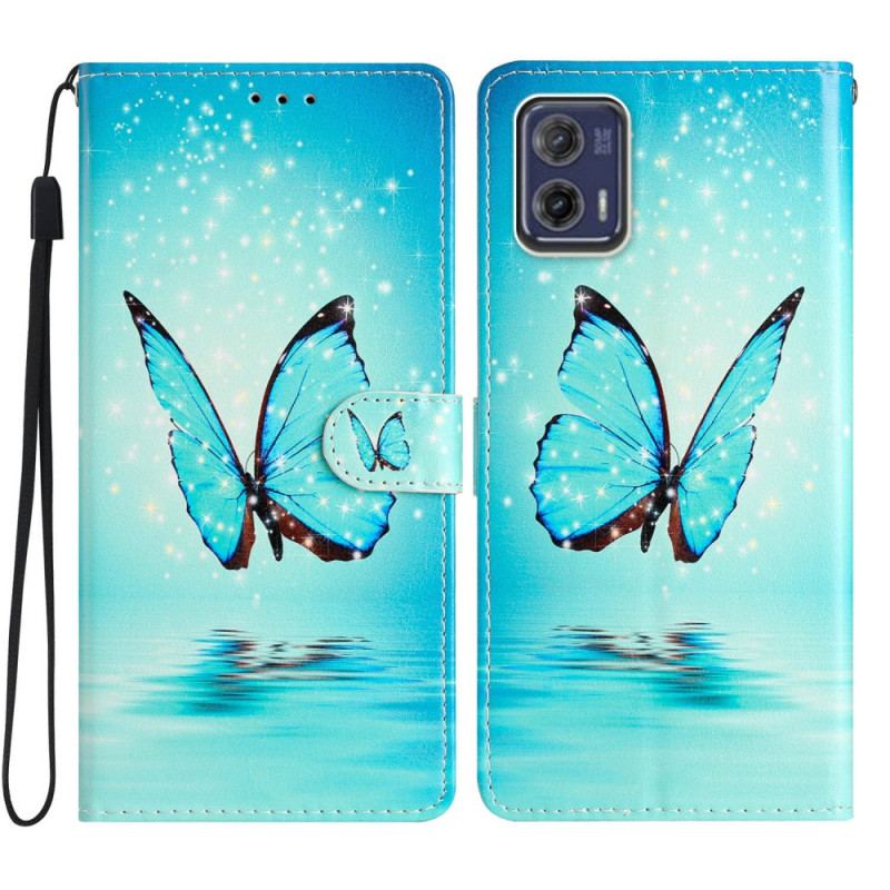 Capa De Couro Para Moto G73 5G De Cordão Borboleta Azul Com Alça