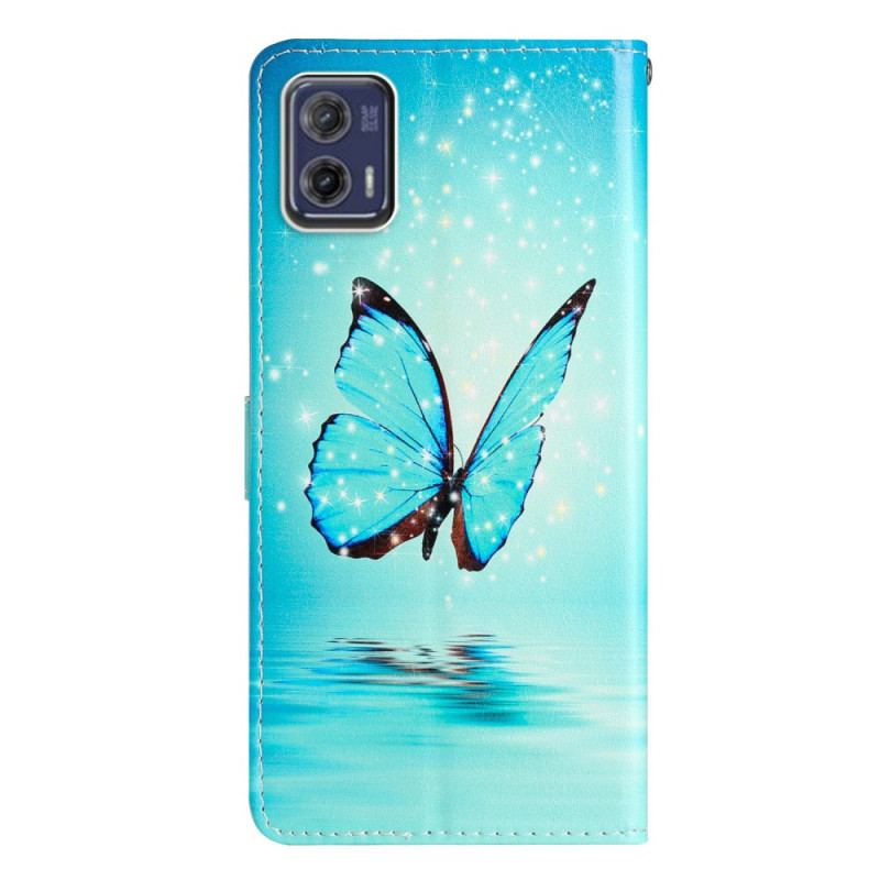 Capa De Couro Para Moto G73 5G De Cordão Borboleta Azul Com Alça