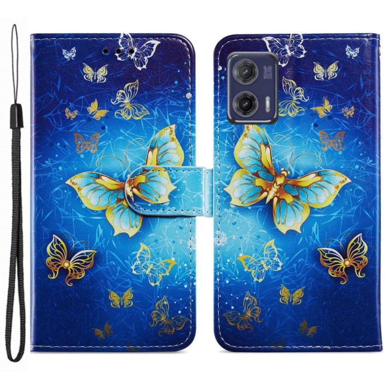 Capa De Couro Para Moto G73 5G De Cordão Borboletas Douradas Com Alça
