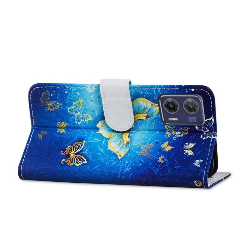 Capa De Couro Para Moto G73 5G De Cordão Borboletas Douradas Com Alça