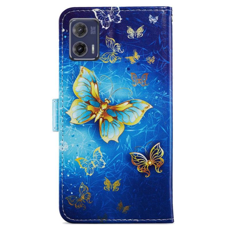 Capa De Couro Para Moto G73 5G De Cordão Borboletas Douradas Com Alça