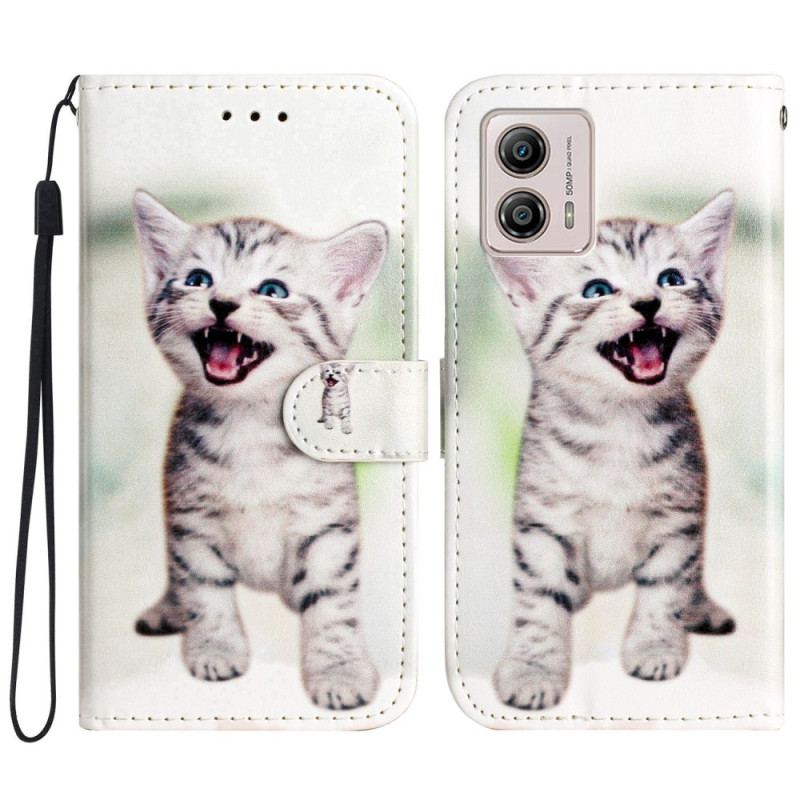 Capa De Couro Para Moto G73 5G De Cordão Gatinho Com Alça