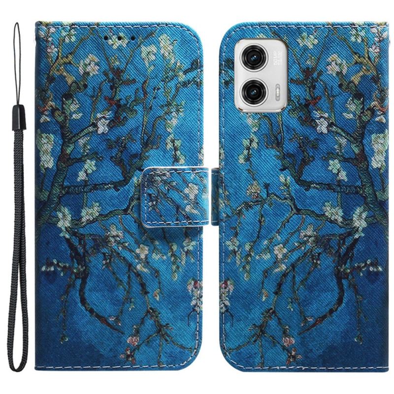 Capa Em Pele Para Moto G73 5G De Cordão Ramos De Flor De Alça