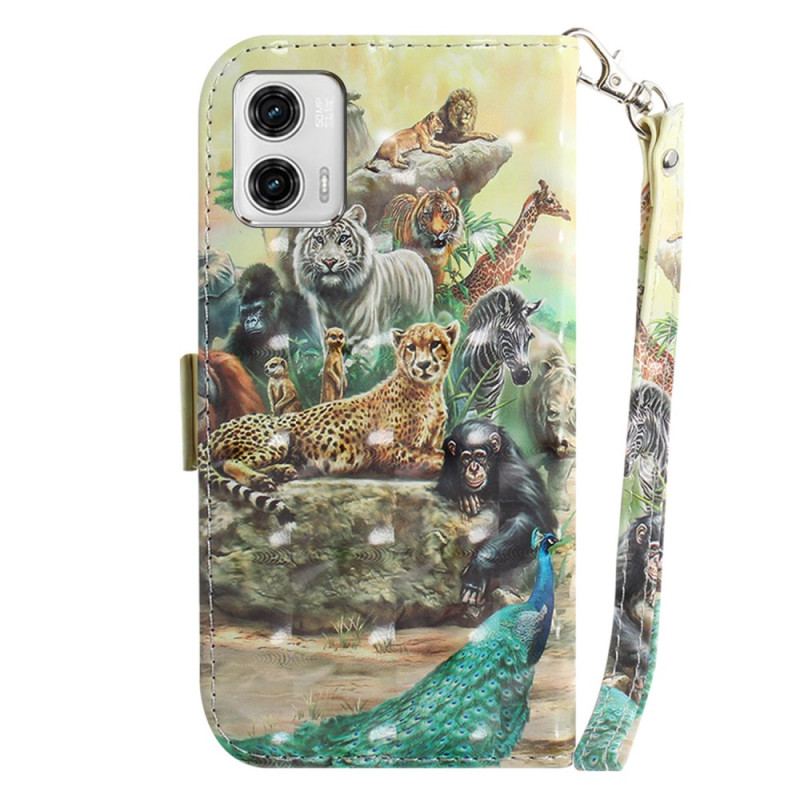 Capa Flip Para Moto G73 5G De Cordão Animais De Safári Tanga