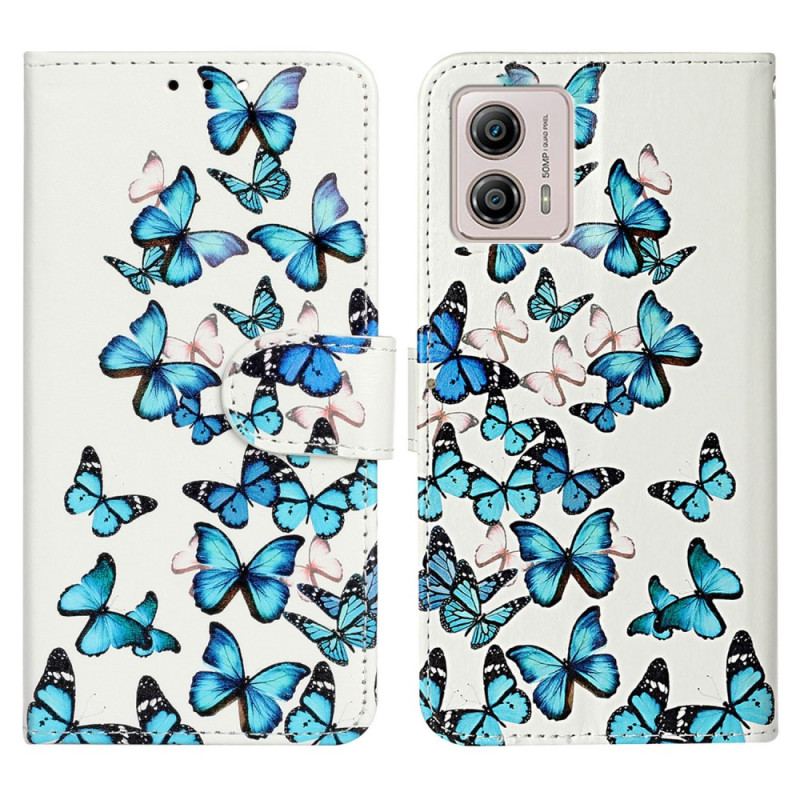 Capa Flip Para Moto G73 5G De Cordão Borboletas Azuis Em Strap Flight