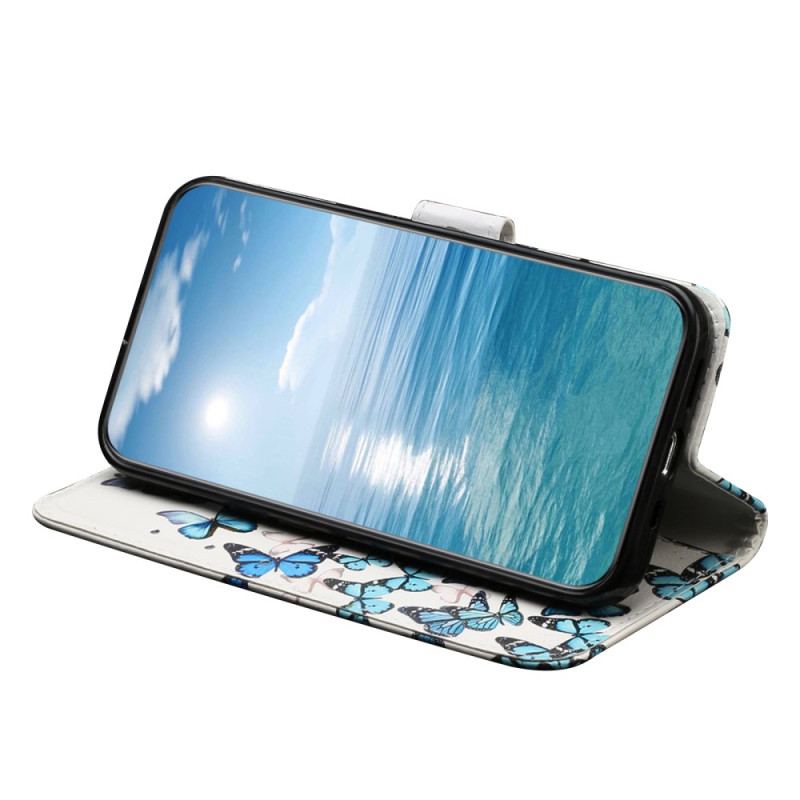 Capa Flip Para Moto G73 5G De Cordão Borboletas Azuis Em Strap Flight