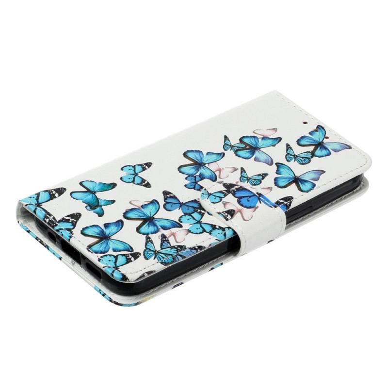Capa Flip Para Moto G73 5G De Cordão Borboletas Azuis Em Strap Flight
