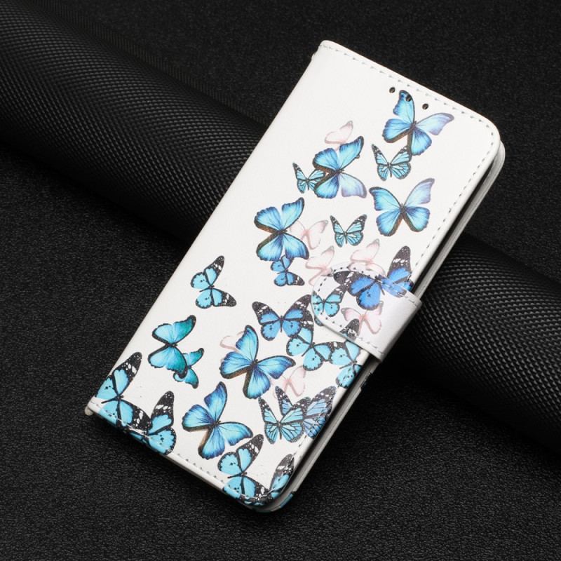 Capa Flip Para Moto G73 5G De Cordão Borboletas Azuis Em Strap Flight