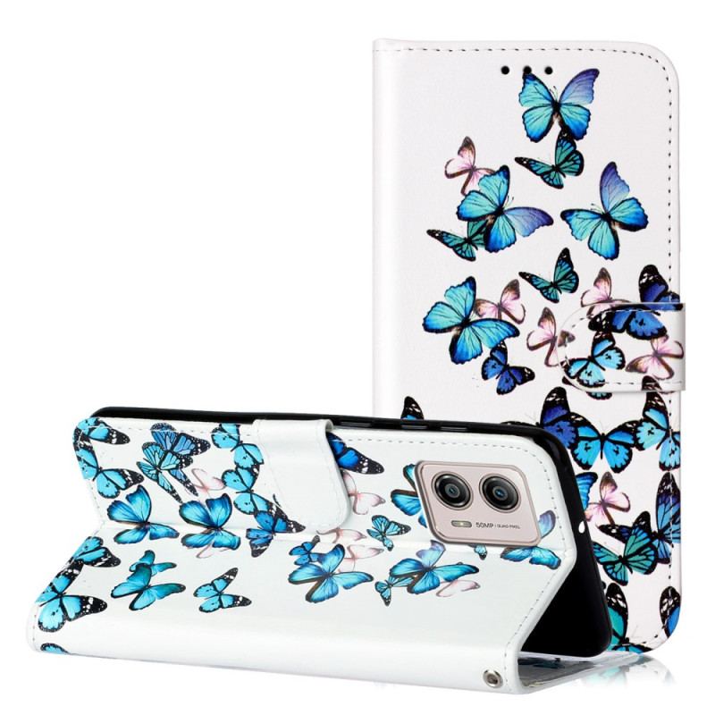 Capa Flip Para Moto G73 5G De Cordão Borboletas Azuis Em Strap Flight