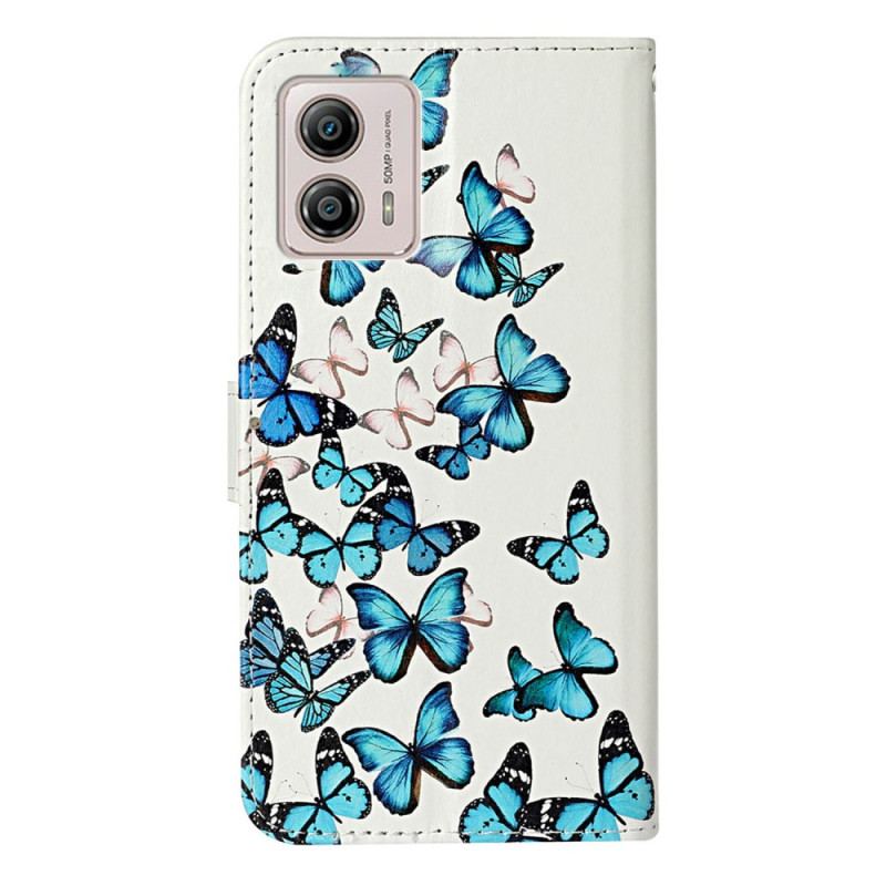 Capa Flip Para Moto G73 5G De Cordão Borboletas Azuis Em Strap Flight
