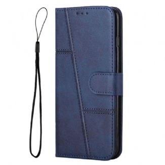 Capa Flip Para Moto G73 5G De Cordão Linhas De Alças Com Efeito De Couro