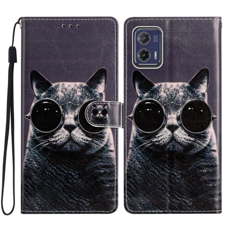 Capa Folio Para Moto G73 5G De Cordão Óculos De Tiras Gato