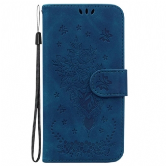 Capa Folio Para Moto G73 5G De Cordão Strappy Rosas E Borboletas