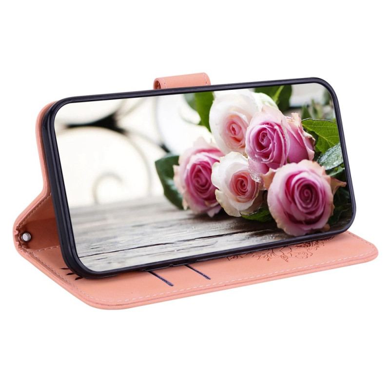 Capa Folio Para Moto G73 5G De Cordão Strappy Rosas E Borboletas