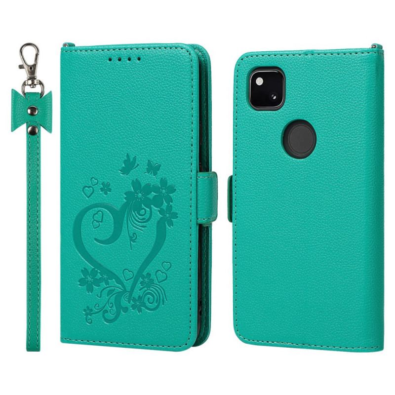 Capa De Couro Para Google Pixel 4A De Cordão Coração De Tiras