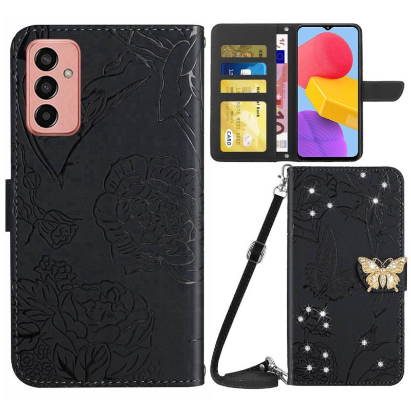 Capa De Couro Para Samsung Galaxy M13 Pingente De Borboleta E Alça De Ombro