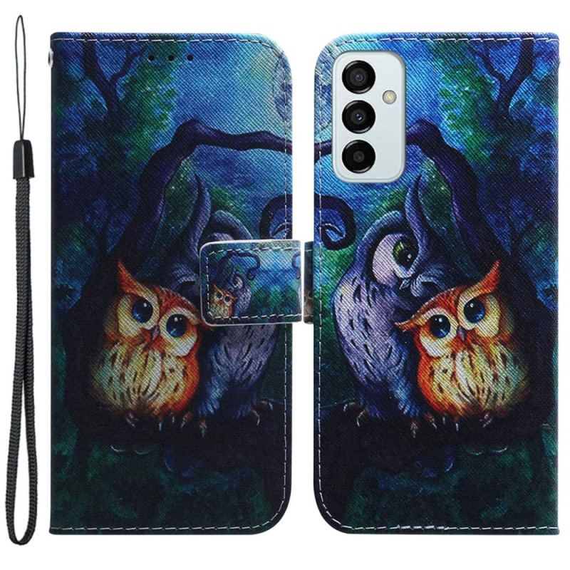 Capa Em Pele Para Samsung Galaxy M13 De Cordão Pintura De Corujas Strappy