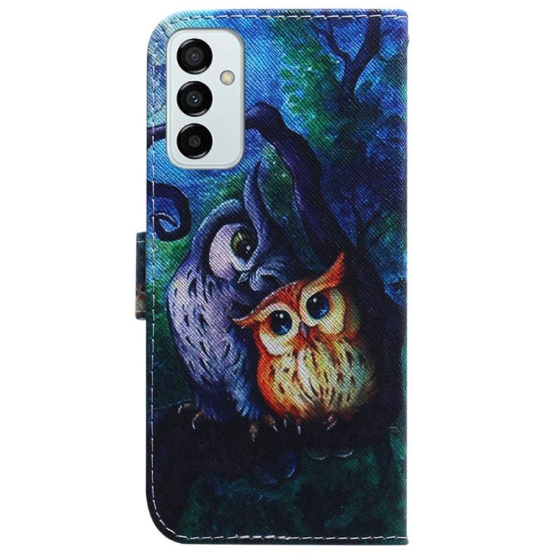 Capa Em Pele Para Samsung Galaxy M13 De Cordão Pintura De Corujas Strappy