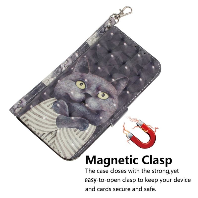 Capa Em Pele Para Samsung Galaxy M13 Gato Com Cordão