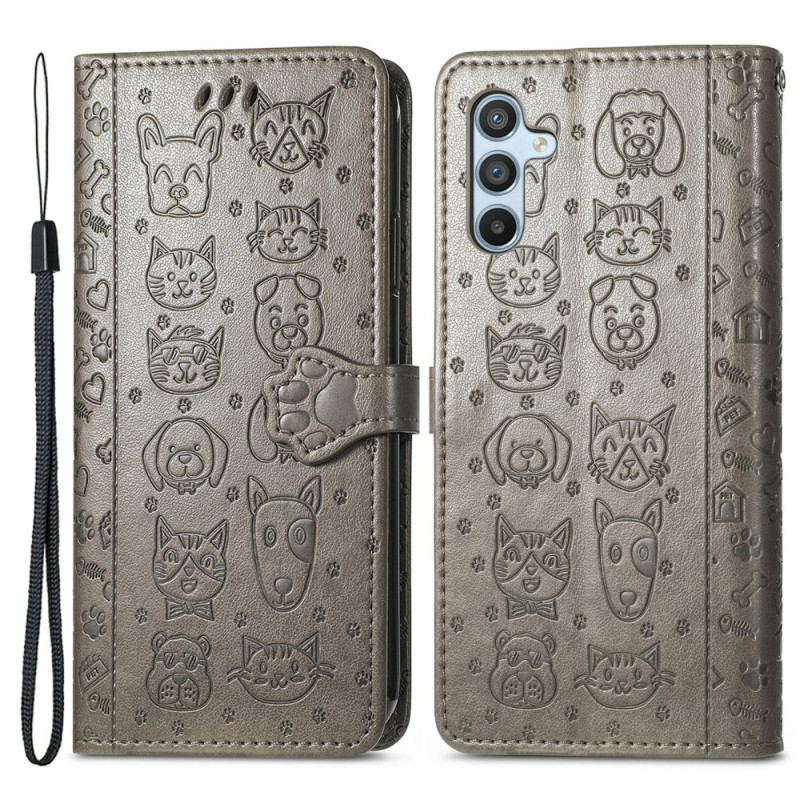 Capa De Couro Para Samsung Galaxy A54 5G De Cordão Animais Tanga
