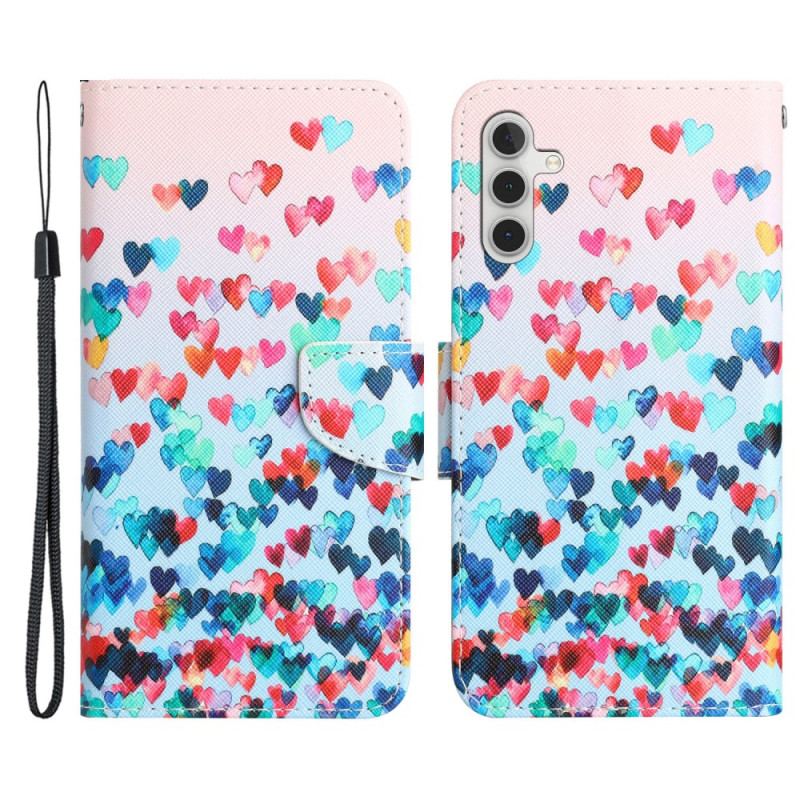 Capa De Couro Para Samsung Galaxy A54 5G De Cordão Chuva De Corações Strappy
