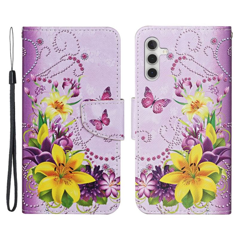 Capa Em Pele Para Samsung Galaxy A54 5G Borboletas Magistrais Com Cordão